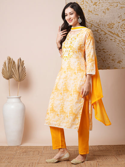 Abstract Printed & Mirror Embroidered Straight Fit Kurta with Pant and Dupatta - Yellow