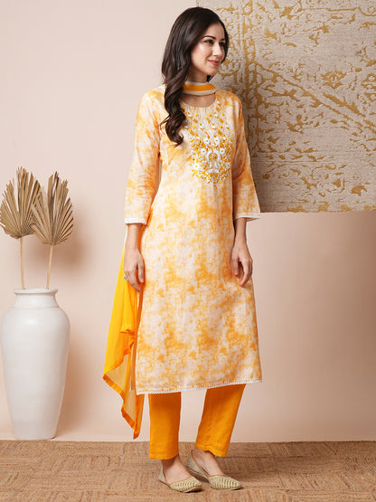 Abstract Printed & Mirror Embroidered Straight Fit Kurta with Pant and Dupatta - Yellow