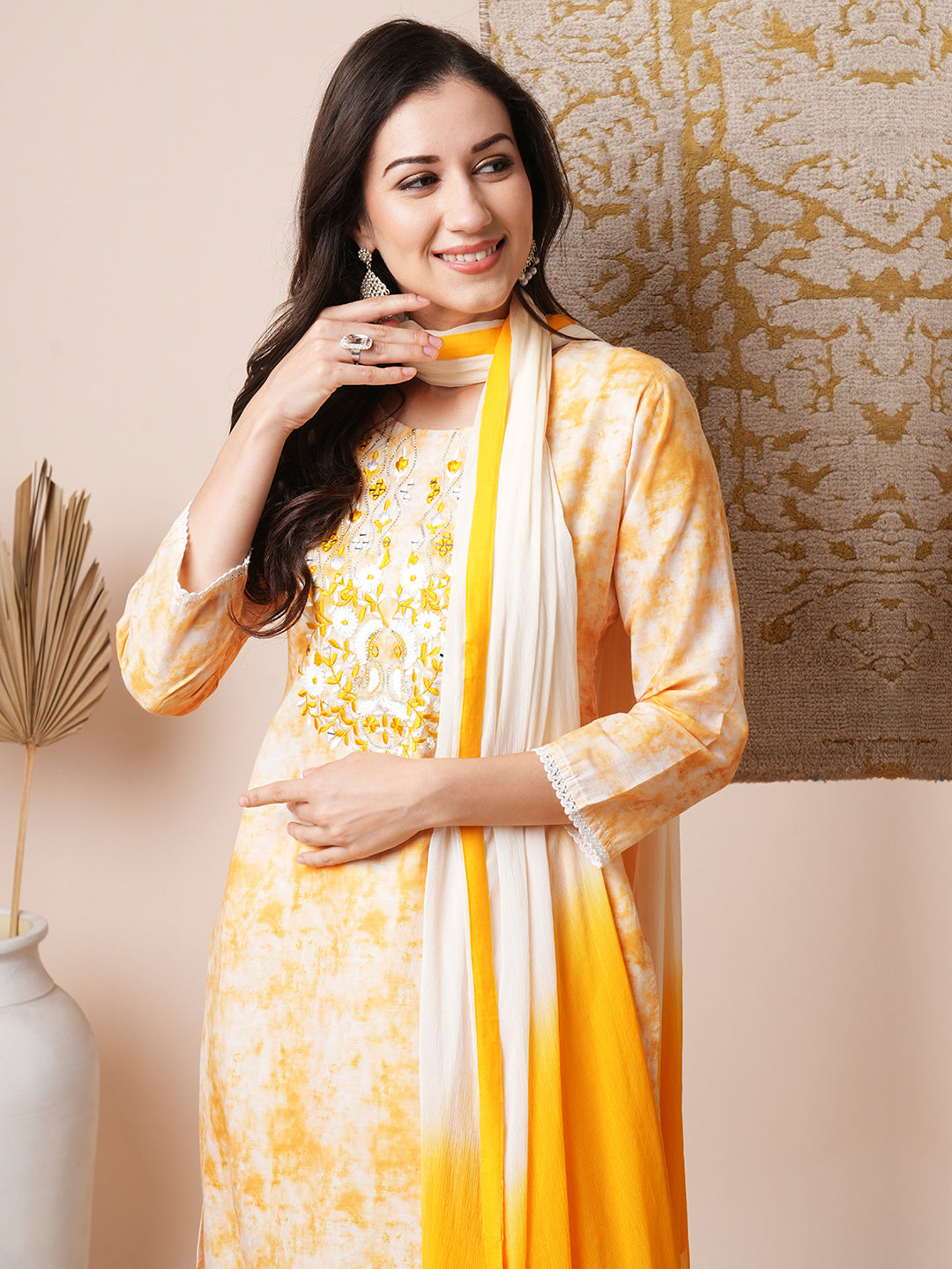 Abstract Printed & Mirror Embroidered Straight Fit Kurta with Pant and Dupatta - Yellow