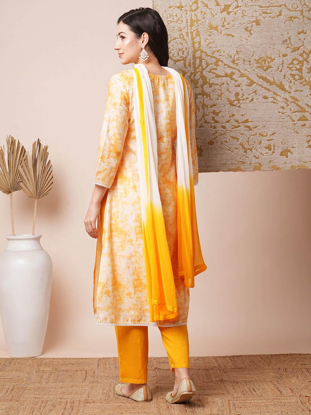 Abstract Printed & Mirror Embroidered Straight Fit Kurta with Pant and Dupatta - Yellow