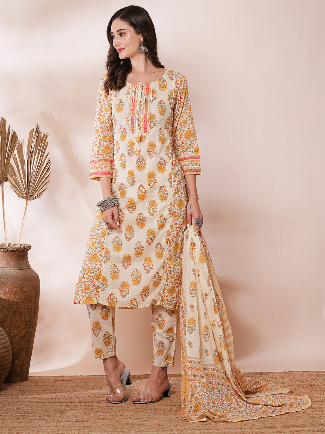 Ethnic Floral Printed Embroidered Straight Fit Kurta with Pant and Dupatta - Cream