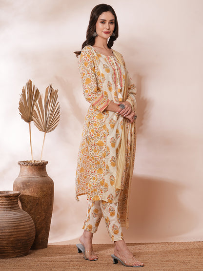 Ethnic Floral Printed Embroidered Straight Fit Kurta with Pant and Dupatta - Cream