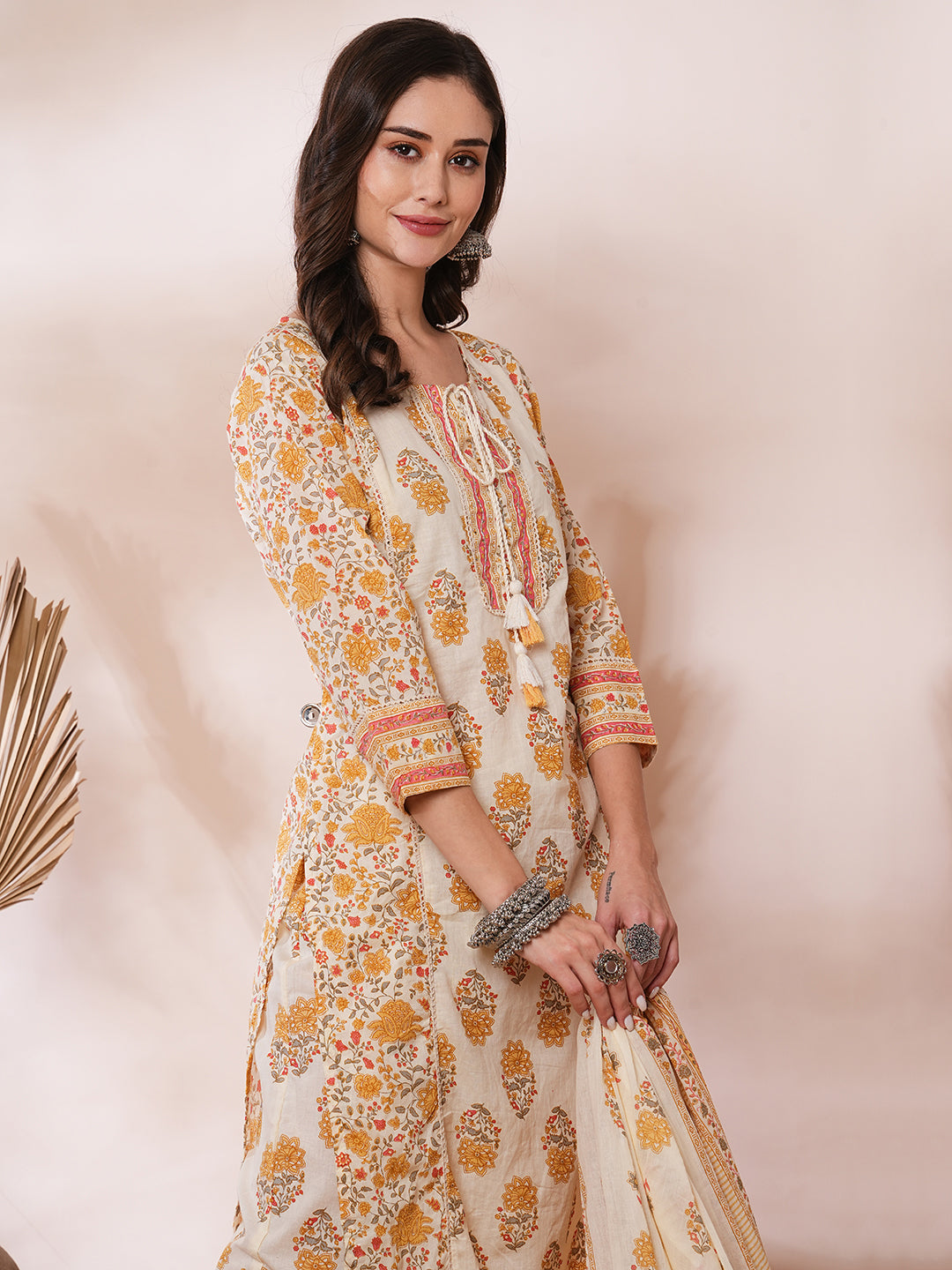 Ethnic Floral Printed Embroidered Straight Fit Kurta with Pant and Dupatta - Cream