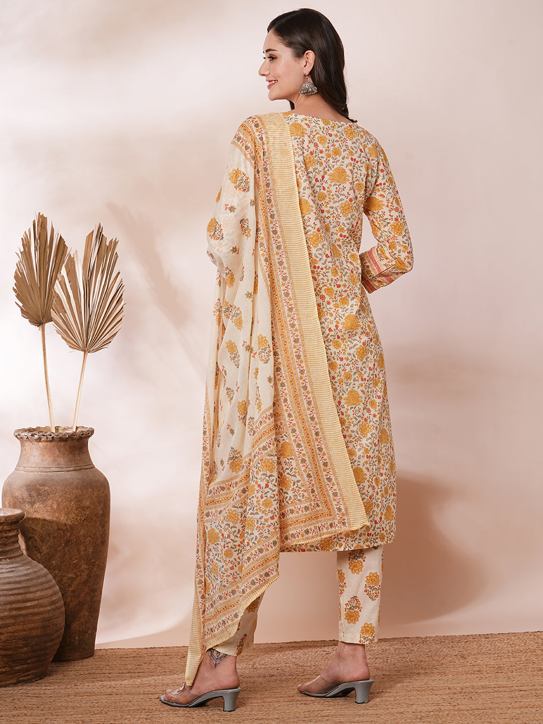 Ethnic Floral Printed Embroidered Straight Fit Kurta with Pant and Dupatta - Cream