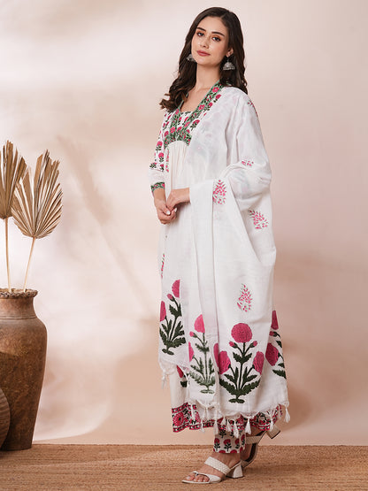 Ethnic Floral Block Printed A-Line Pleated Kurta with Pant and Printed Dupatta - White