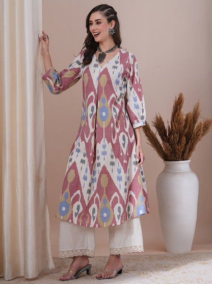 Ethnic Ikat Printed A-Line Pleated Kurta - Multi