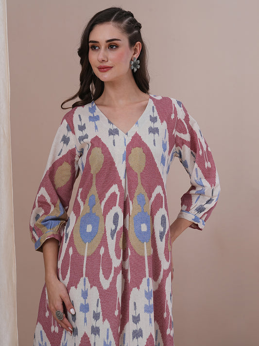 Ethnic Ikat Printed A-Line Pleated Kurta - Multi