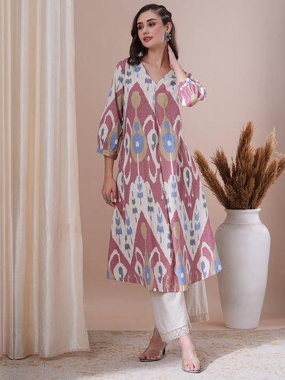 Ethnic Ikat Printed A-Line Pleated Kurta - Multi