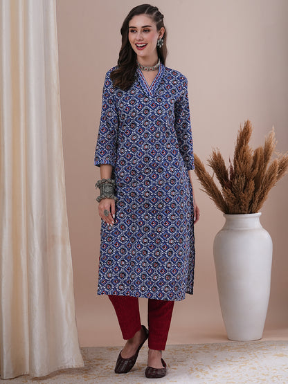 Ethnic Floral Printed & Sequin Embroidered Straight Fit Kurta - Blue