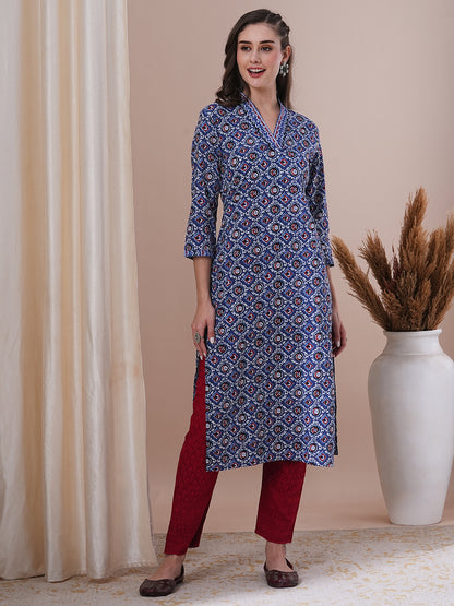 Ethnic Floral Printed & Sequin Embroidered Straight Fit Kurta - Blue