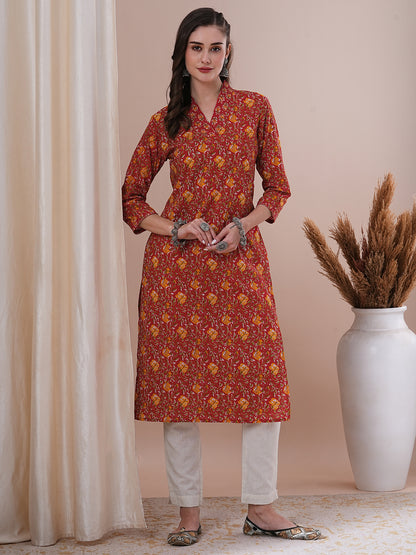 Ethnic Floral Printed & Sequin Embroidered Straight Fit Kurta - Red