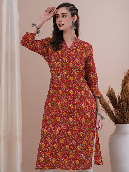 Ethnic Floral Printed & Sequin Embroidered Straight Fit Kurta - Red