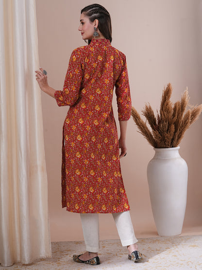 Ethnic Floral Printed & Sequin Embroidered Straight Fit Kurta - Red