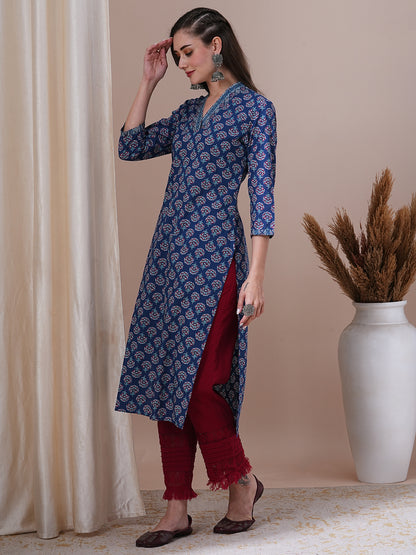 Ethnic Floral Printed & Sequin Embroidered Straight Fit Kurta - Blue