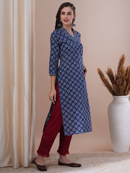 Ethnic Floral Printed & Sequin Embroidered Straight Fit Kurta - Blue