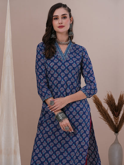 Ethnic Floral Printed & Sequin Embroidered Straight Fit Kurta - Blue