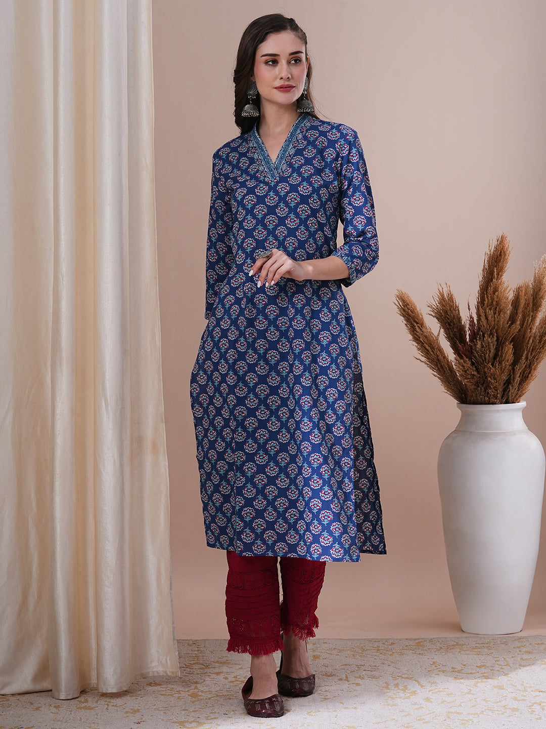 Ethnic Floral Printed & Sequin Embroidered Straight Fit Kurta - Blue