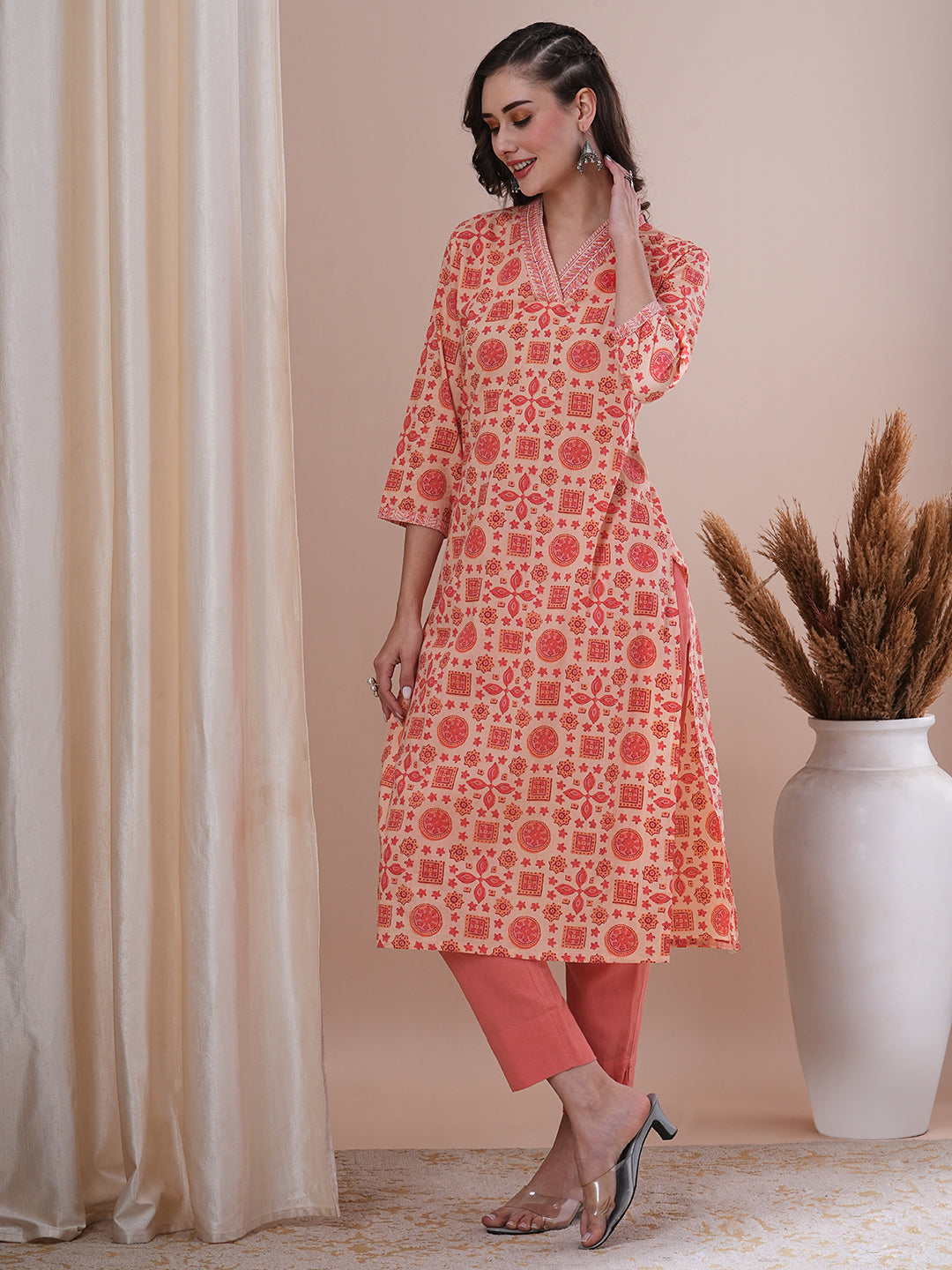 Ethnic Floral Printed & Sequin Embroidered Straight Fit Kurta - Peach