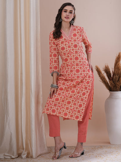 Ethnic Floral Printed & Sequin Embroidered Straight Fit Kurta - Peach