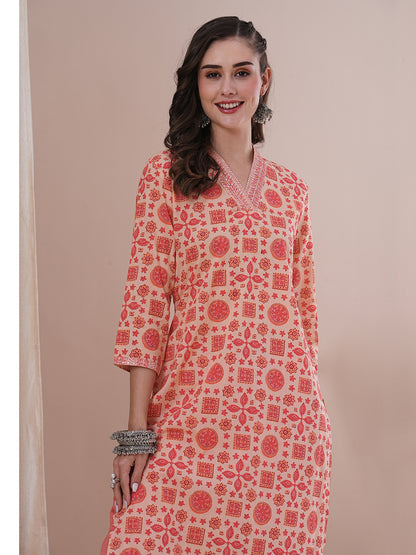 Ethnic Floral Printed & Sequin Embroidered Straight Fit Kurta - Peach