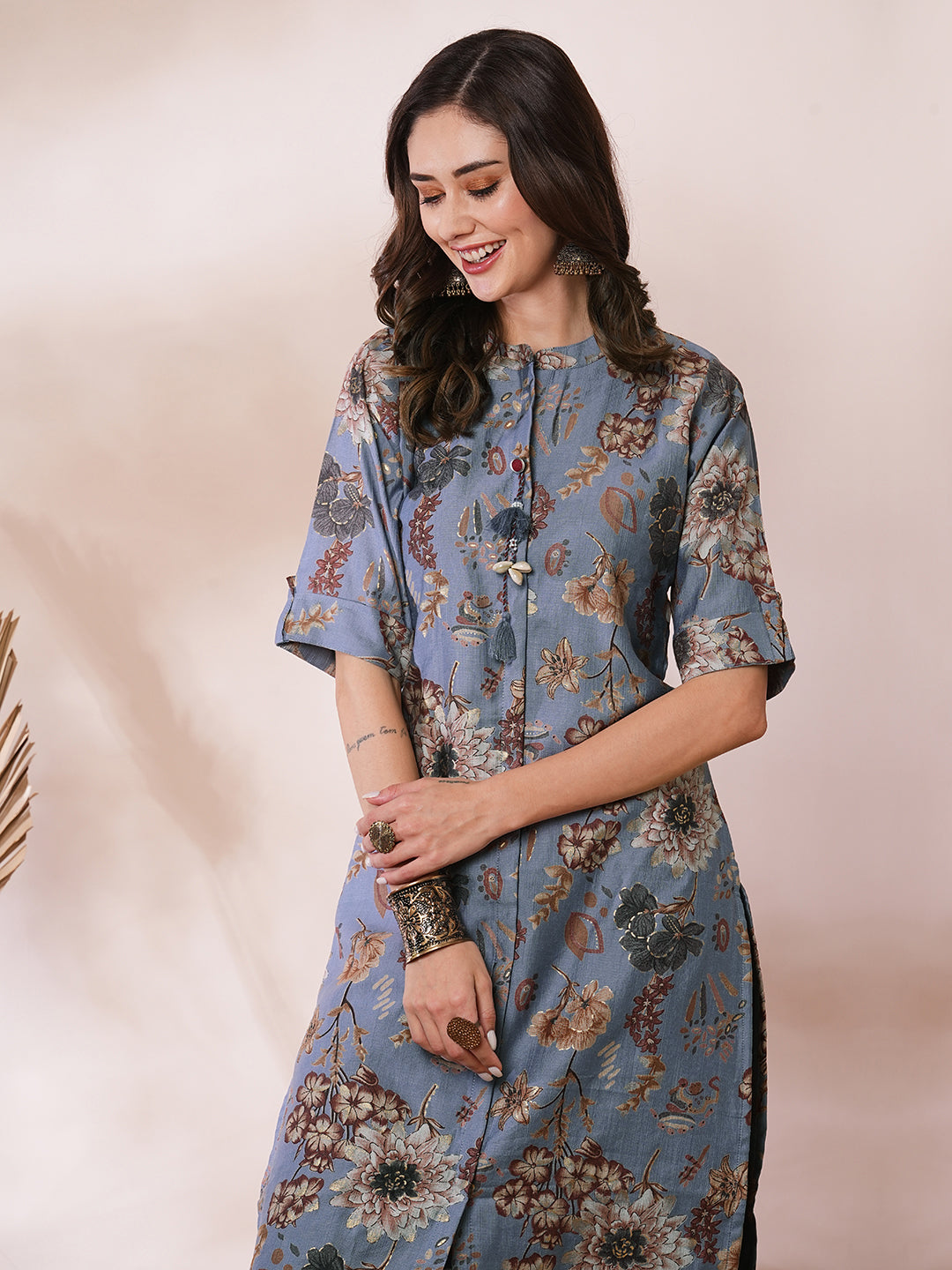 Ethnic Floral Printed Straight Fit Kurta - Blue