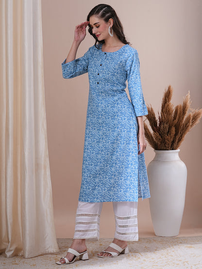 Ethnic Floral Printed Straight Fit Kurta - Blue