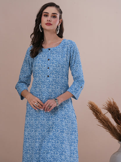 Ethnic Floral Printed Straight Fit Kurta - Blue