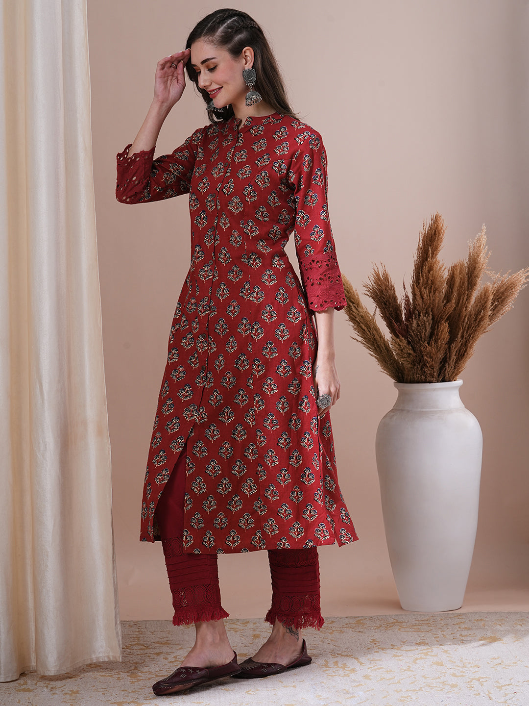 Ethnic Floral Printed A-Line Paneled Kurta - Maroon