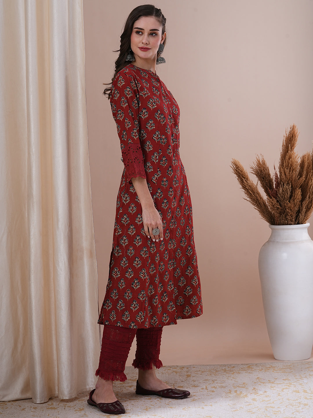 Ethnic Floral Printed A-Line Paneled Kurta - Maroon