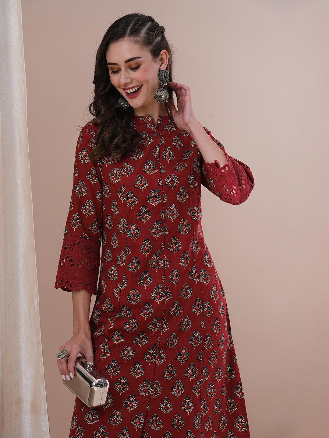 Ethnic Floral Printed A-Line Paneled Kurta - Maroon