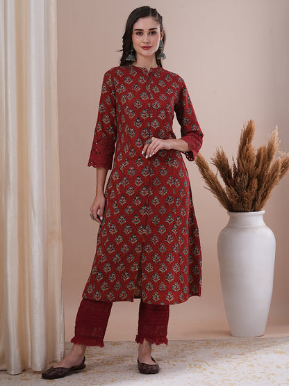 Ethnic Floral Printed A-Line Paneled Kurta - Maroon