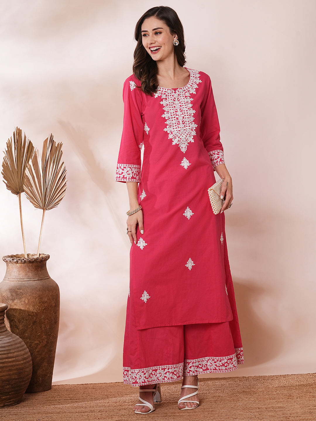 Solid Floral Ethnic Embroidered Straight Fit Co-ord Set -Pink