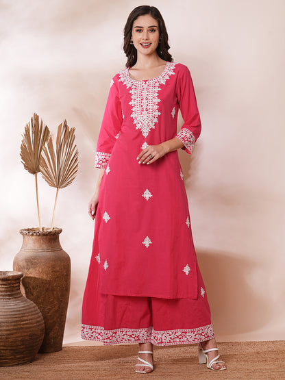 Solid Floral Ethnic Embroidered Straight Fit Co-ord Set -Pink