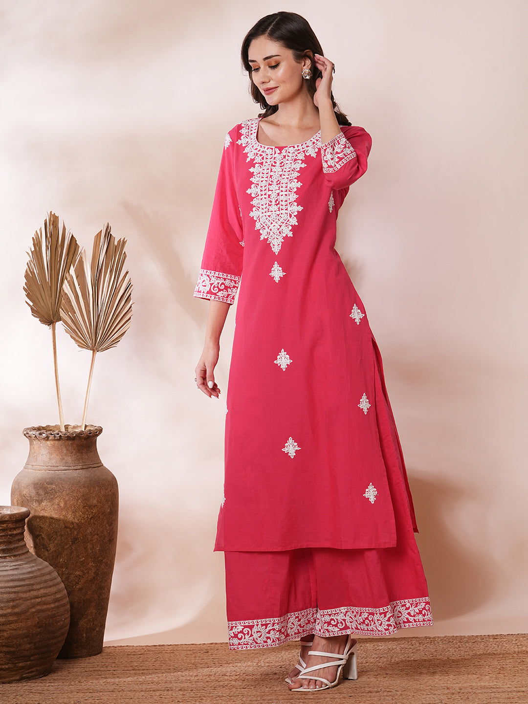 Solid Floral Ethnic Embroidered Straight Fit Co-ord Set -Pink