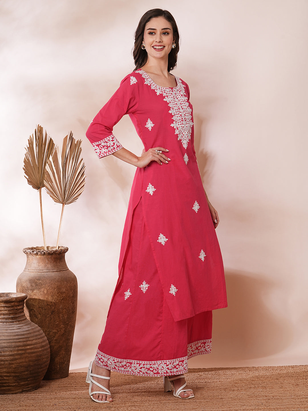 Solid Floral Ethnic Embroidered Straight Fit Co-ord Set -Pink