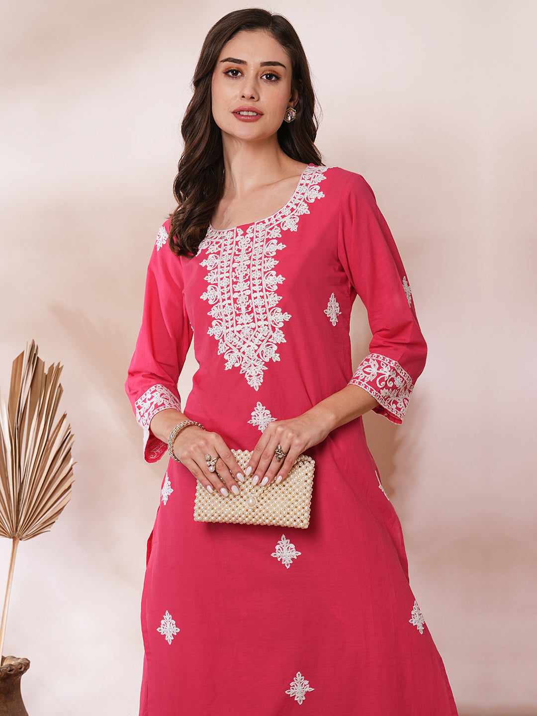 Solid Floral Ethnic Embroidered Straight Fit Co-ord Set -Pink