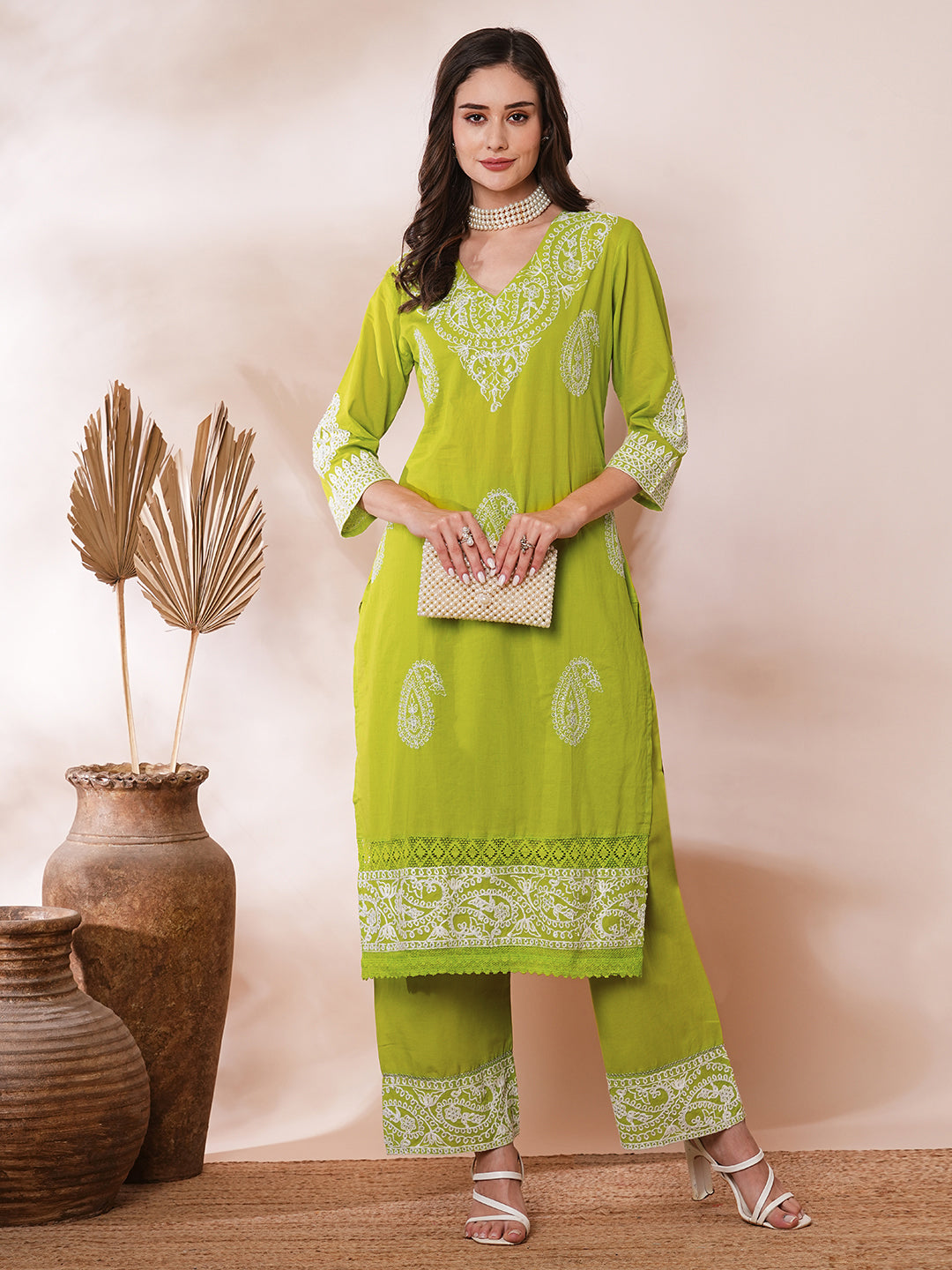 Solid Floral Ethnic Embroidered Straight Fit Co-ord Set - Lime Green