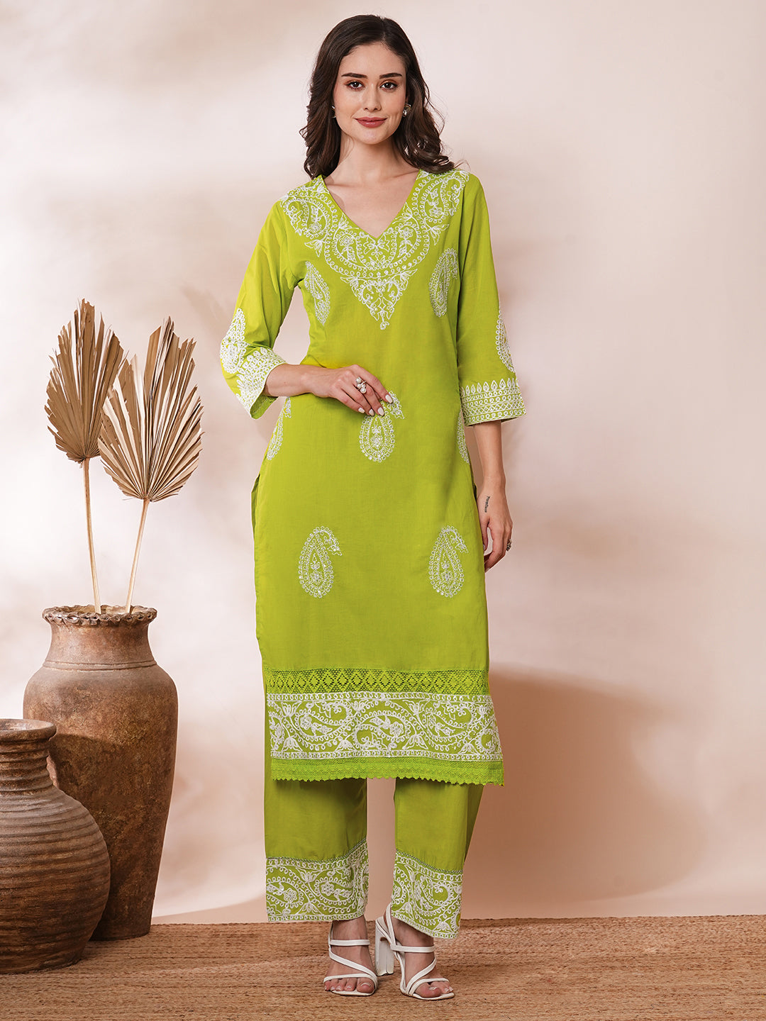 Solid Floral Ethnic Embroidered Straight Fit Co-ord Set - Lime Green