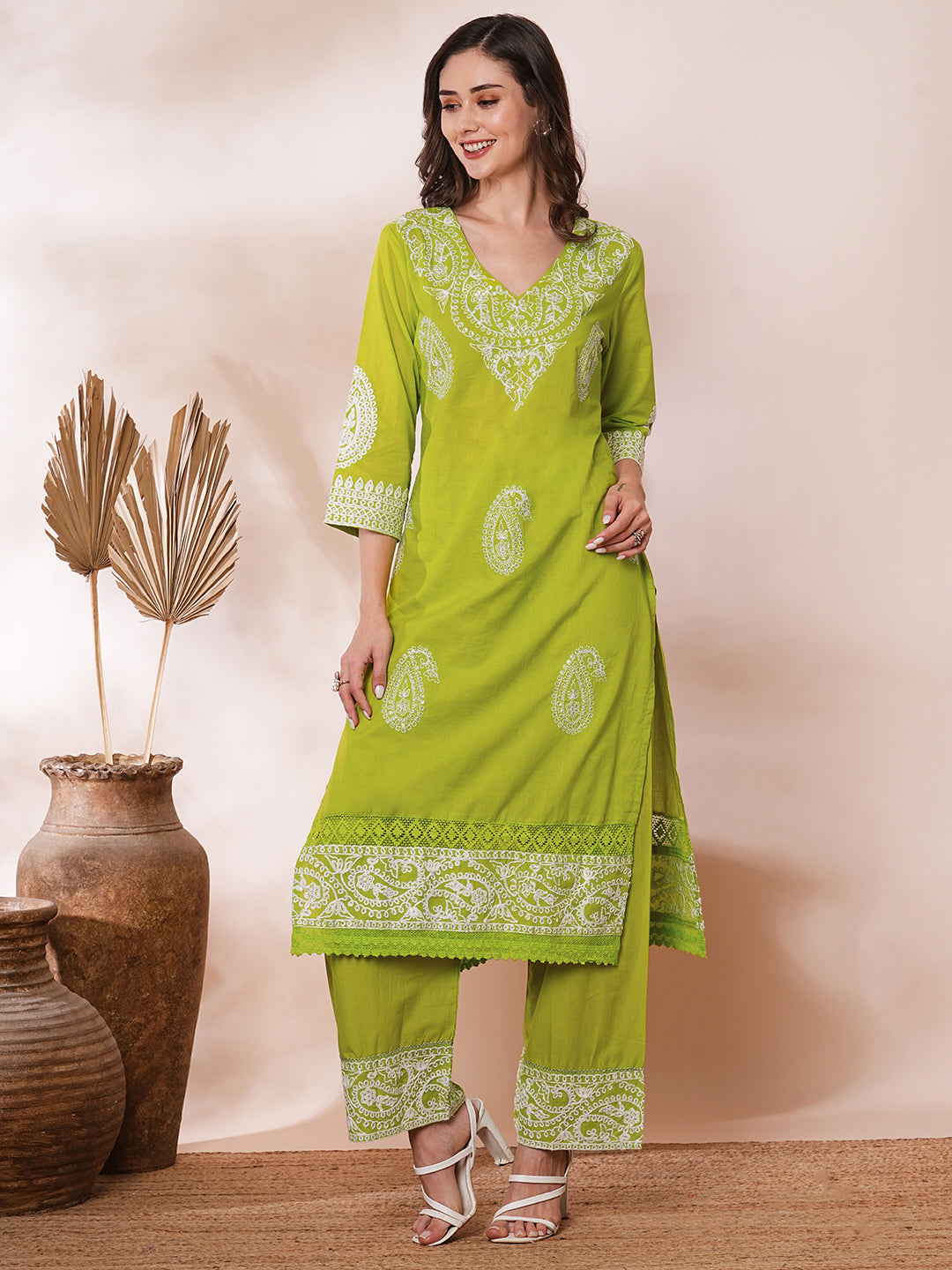 Solid Floral Ethnic Embroidered Straight Fit Co-ord Set - Lime Green