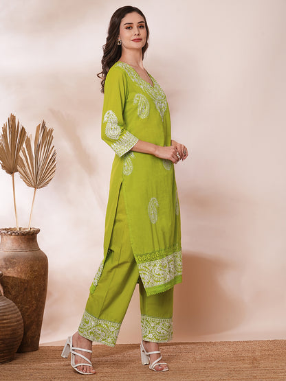 Solid Floral Ethnic Embroidered Straight Fit Co-ord Set - Lime Green