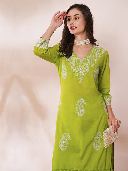 Solid Floral Ethnic Embroidered Straight Fit Co-ord Set - Lime Green