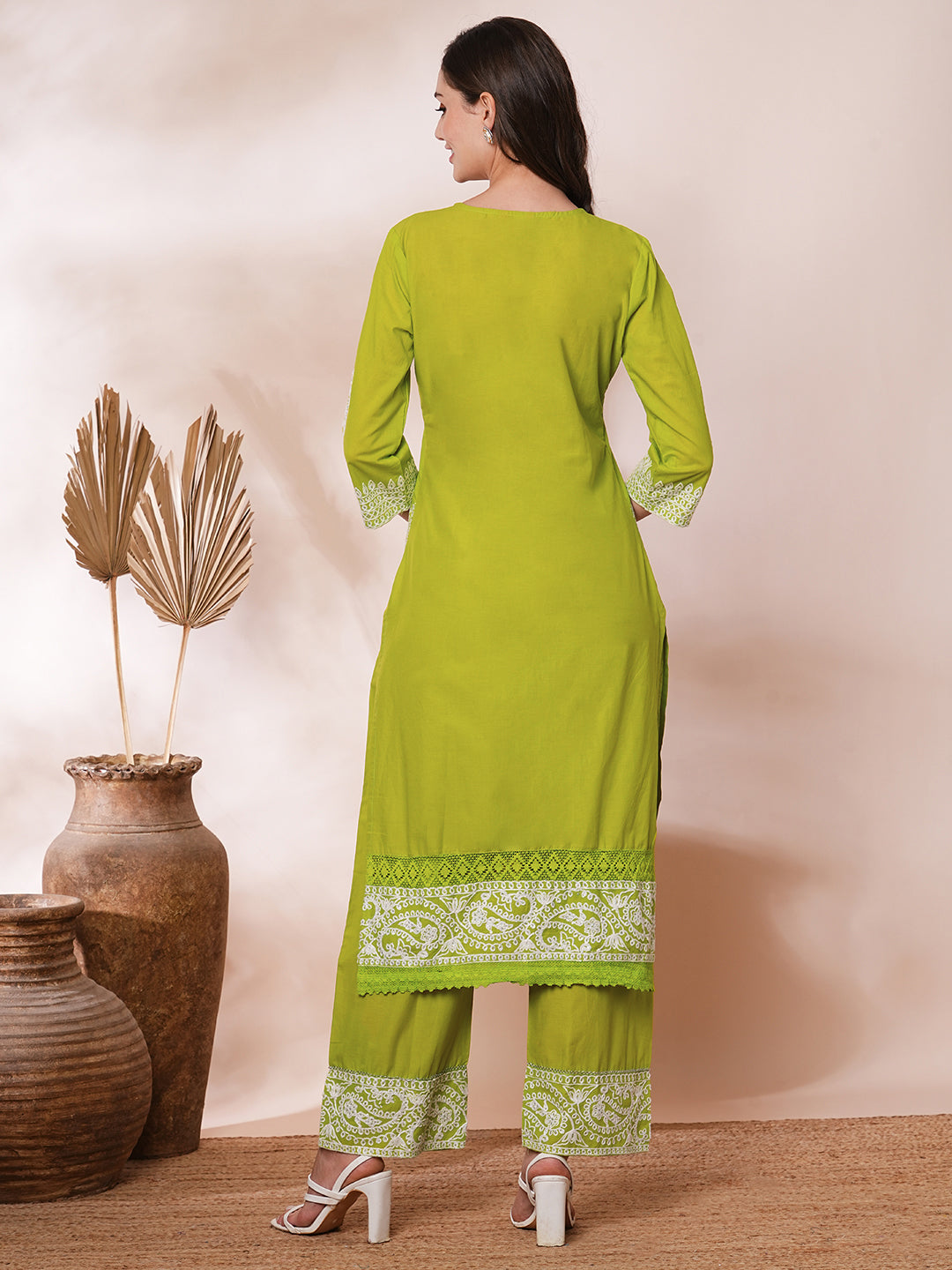 Solid Floral Ethnic Embroidered Straight Fit Co-ord Set - Lime Green