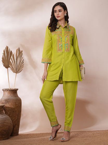 Ethnic Mirror Zari Embroidered A-Line Co-ord Set - Lime Green