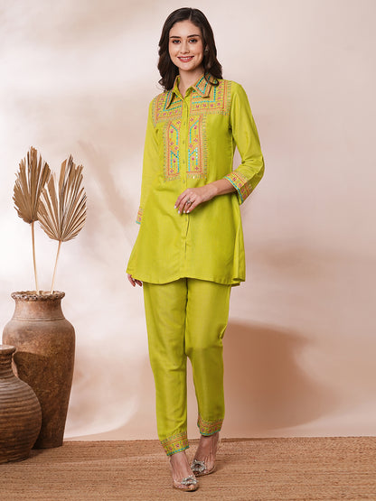 Ethnic Mirror Zari Embroidered A-Line Co-ord Set - Lime Green