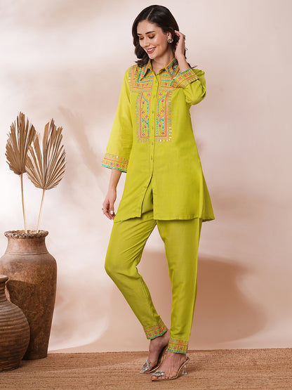 Ethnic Mirror Zari Embroidered A-Line Co-ord Set - Lime Green