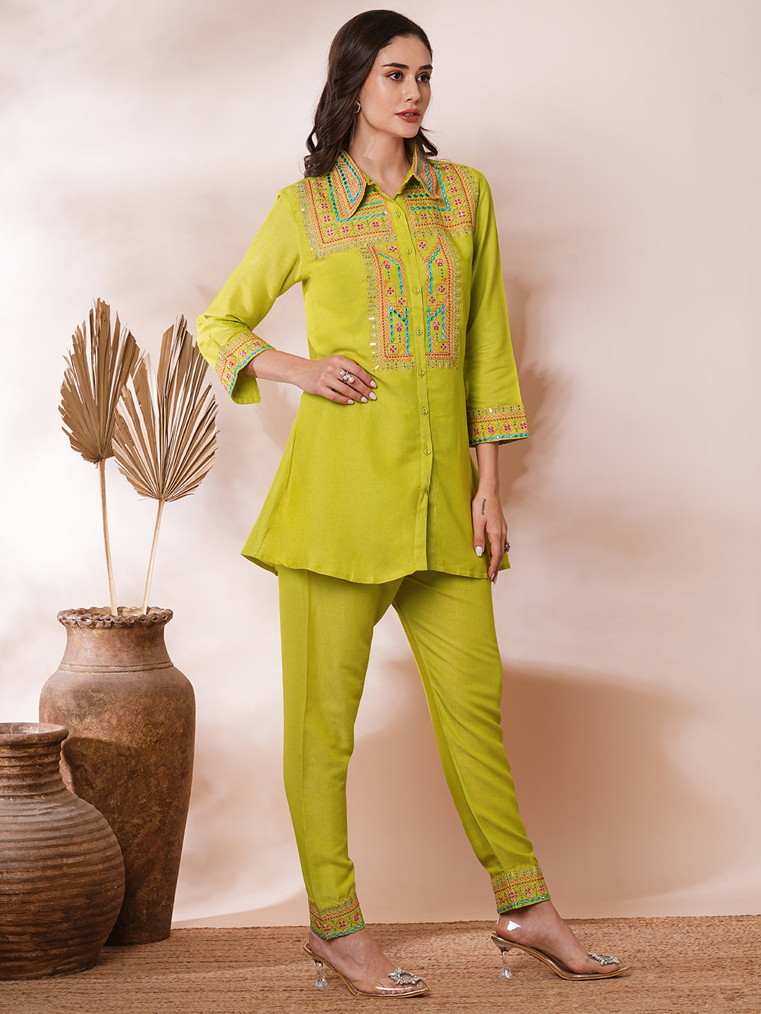 Ethnic Mirror Zari Embroidered A-Line Co-ord Set - Lime Green