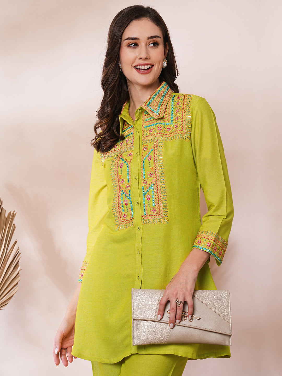 Ethnic Mirror Zari Embroidered A-Line Co-ord Set - Lime Green