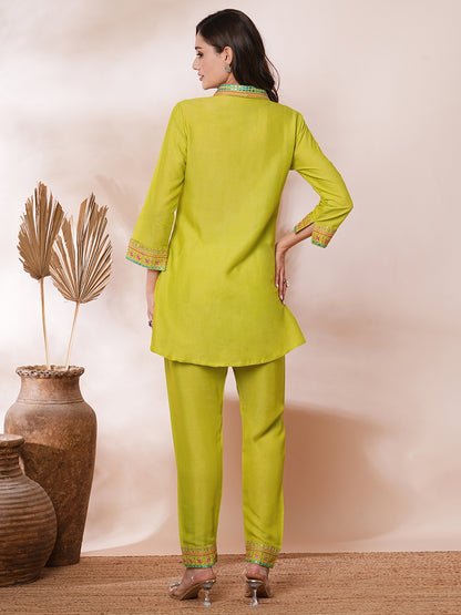 Ethnic Mirror Zari Embroidered A-Line Co-ord Set - Lime Green