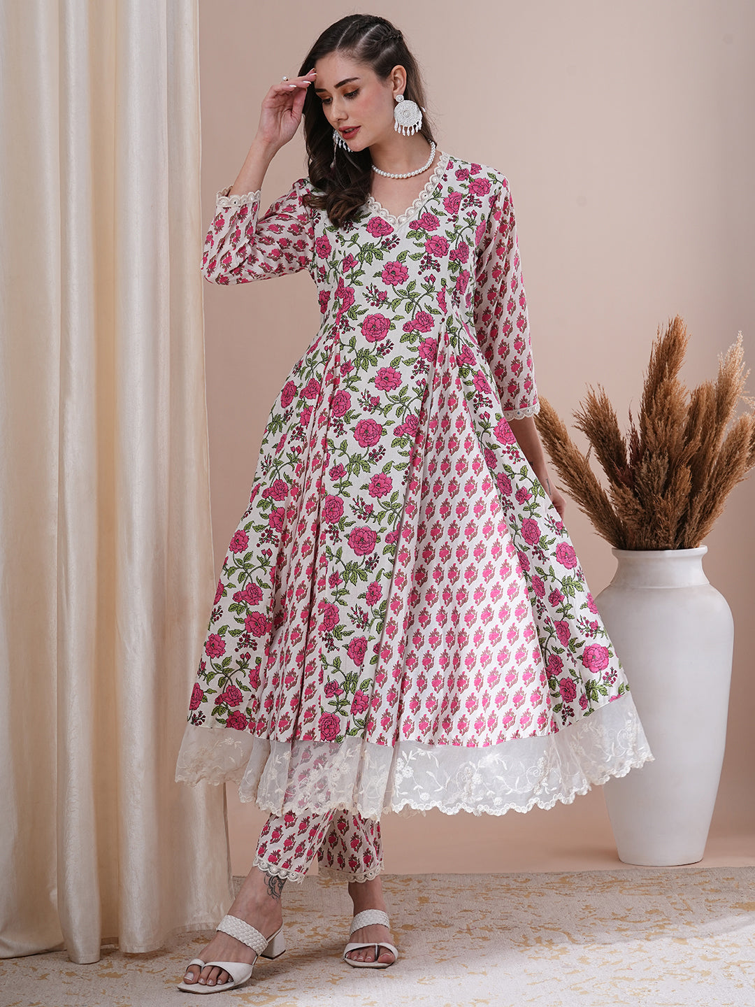 Ethnic Floral Printed Flared Anarkali Kurta with Pant - White