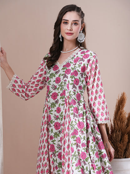 Ethnic Floral Printed Flared Anarkali Kurta with Pant - White